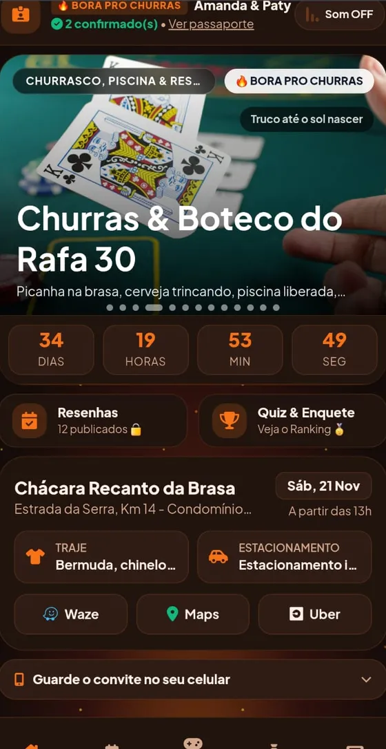 Convite Churras e Boteco do Rafa 30 aberto no celular: contagem regressiva, resenhas, quiz e enquete, local na chácara, traje e rotas para Waze, Maps e Uber