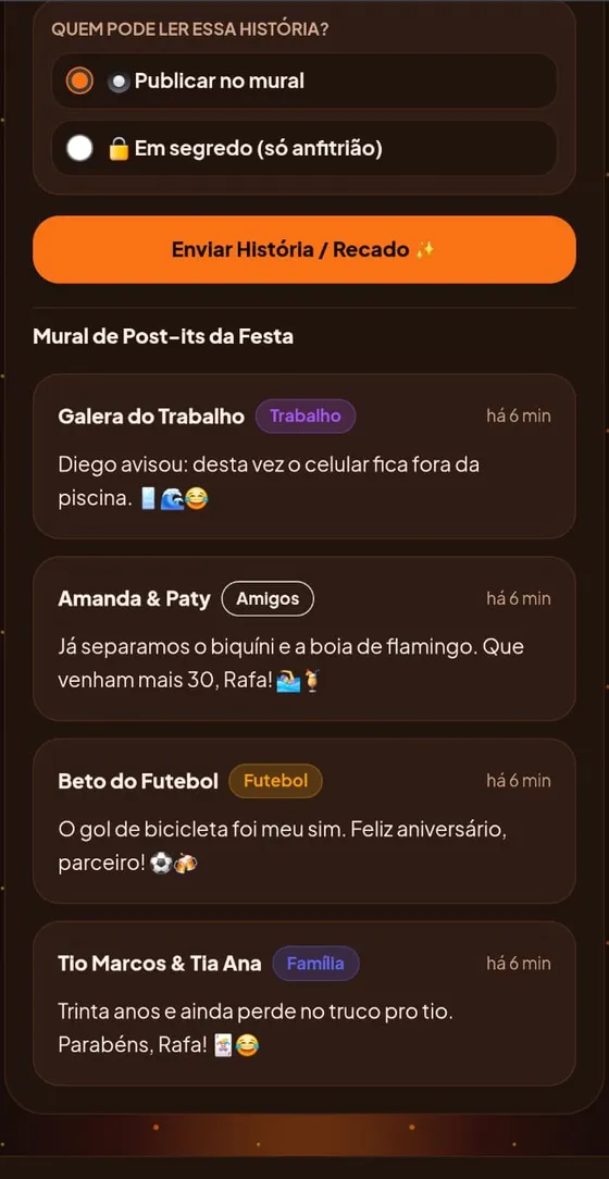 Mural de recados da festa com selos Trabalho, Amigos, Futebol e Família