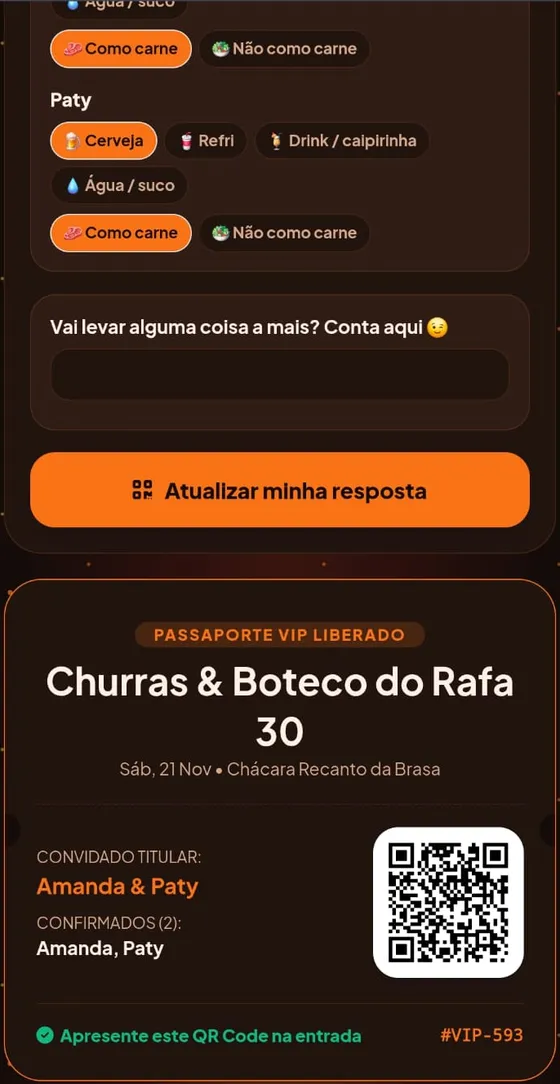 Escolha de bebida e carne de cada pessoa e o Passaporte VIP com QR Code
