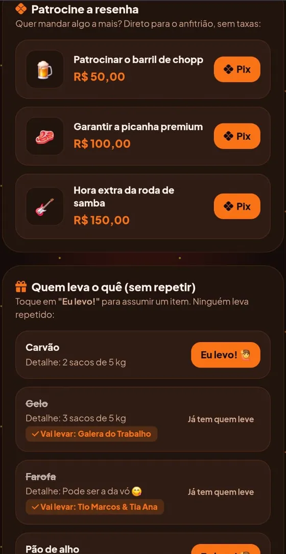 Patrocine a resenha com valores de Pix e a lista Quem leva o quê com o botão Eu levo