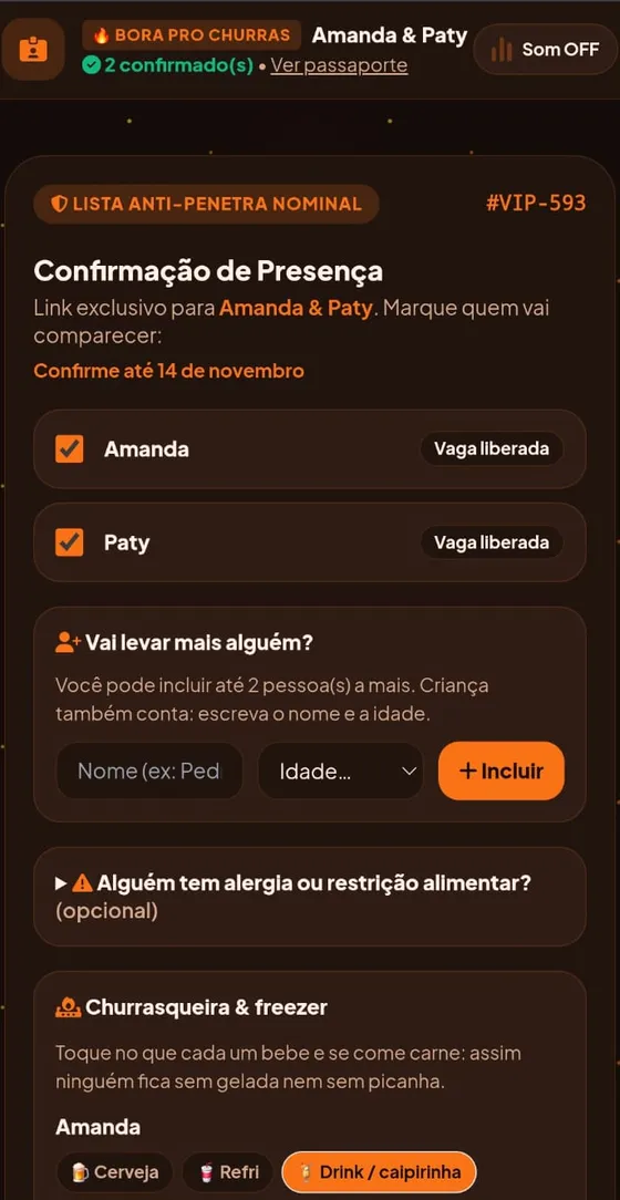 Confirmação de presença com lista anti-penetra nominal, acompanhantes, alergias e o quadro Churrasqueira e freezer