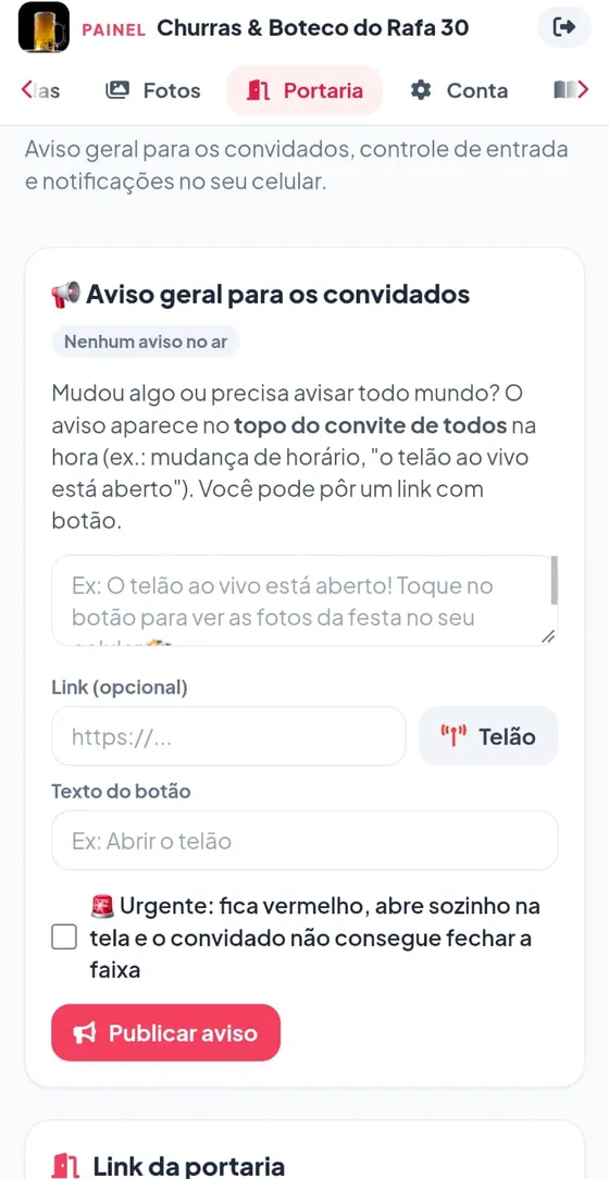 Aviso geral para os convidados com opção urgente e link da portaria