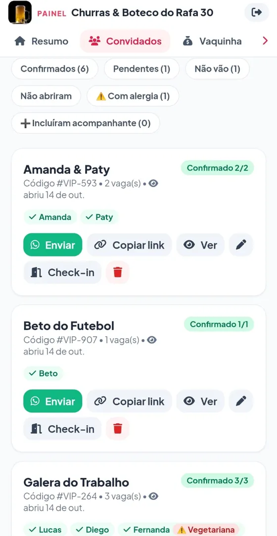 Lista de convidados no painel com Confirmado 2/2, código VIP, botões Enviar, Copiar link, Ver e Check-in