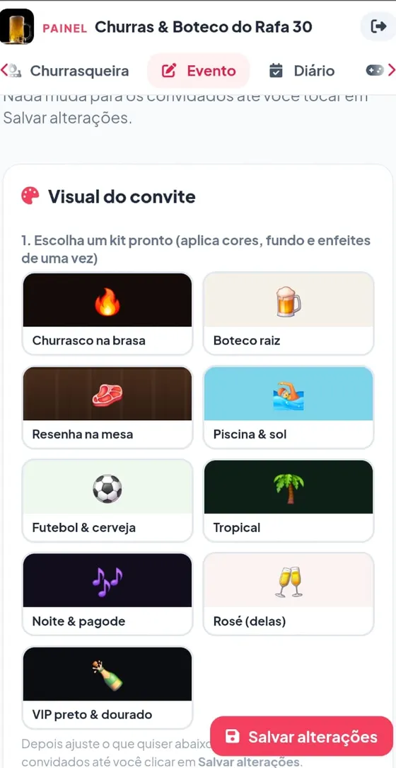 Visual do convite: kits prontos Churrasco na brasa, Boteco raiz, Resenha na mesa, Piscina e sol, Futebol e cerveja, Tropical, Noite e pagode, Rosé e VIP preto e dourado