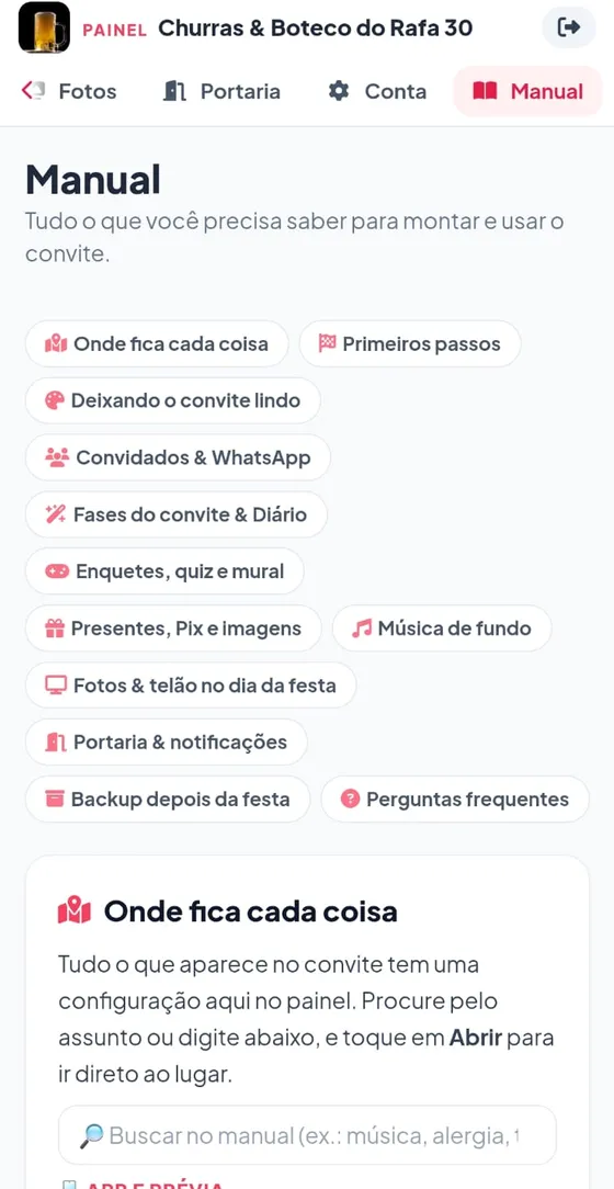 Manual do painel com tópicos e busca