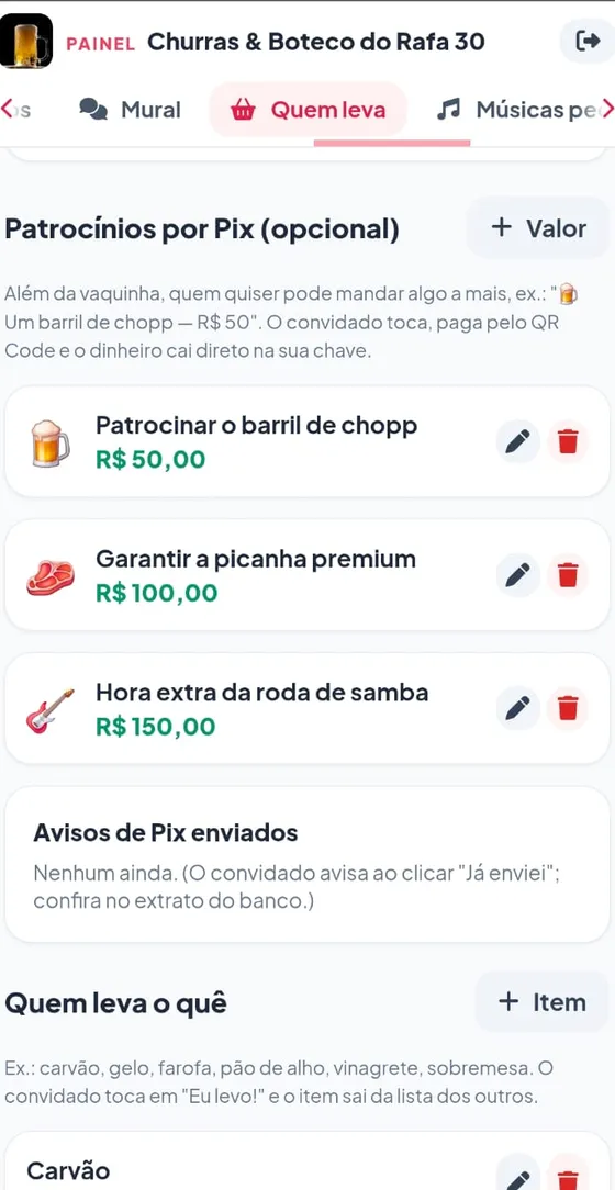 Patrocínios por Pix e Quem leva o quê no painel, com valores e itens