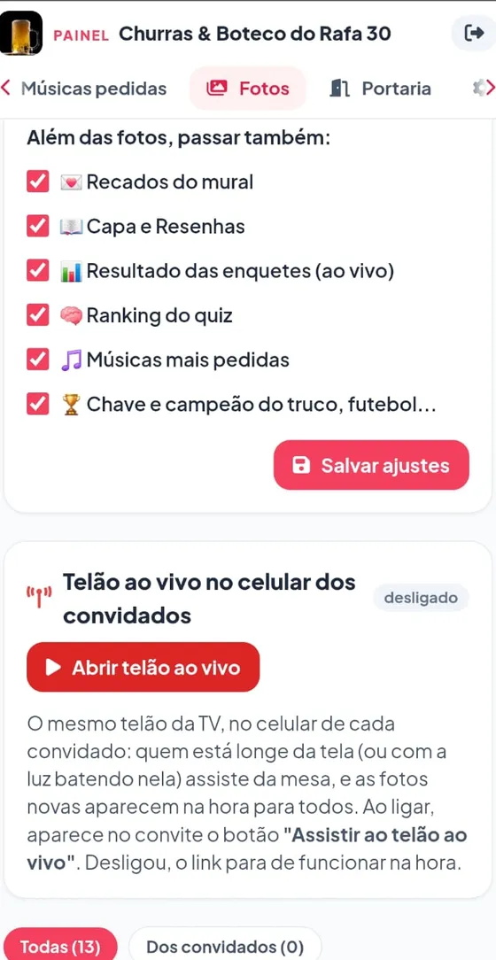Ajustes do telão: recados, resenhas, enquetes, ranking do quiz, músicas e a chave do truco e do futebol, e o telão ao vivo no celular