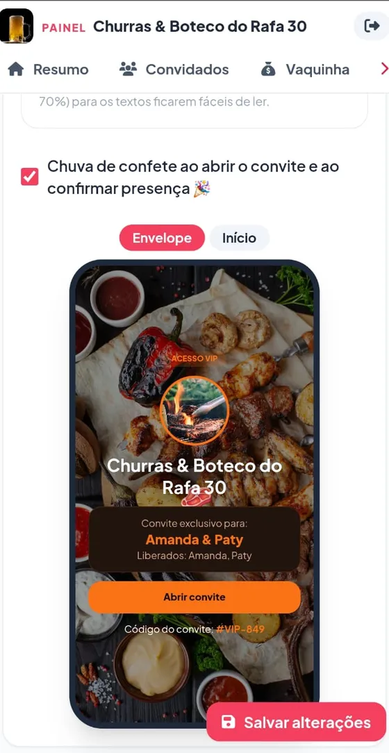 Prévia do envelope no painel com a foto da churrasqueira