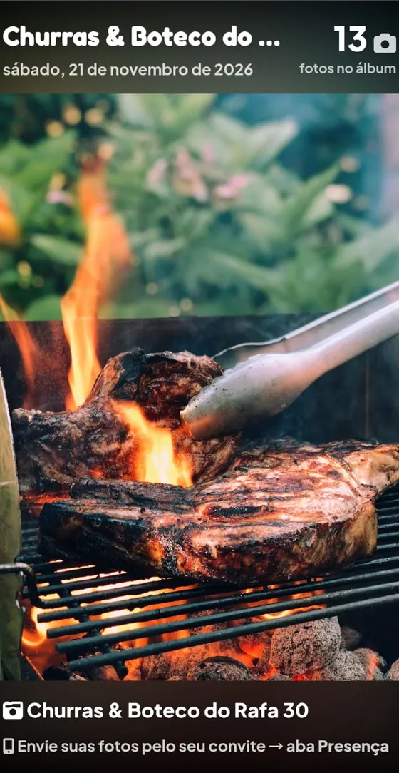 Telão mostrando a picanha na brasa, com 13 fotos no álbum e o recado envie suas fotos pelo seu convite